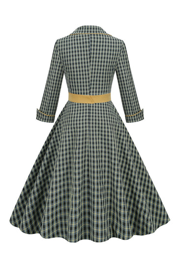 V Cuello Verde Faja 1950s Vestido con 3/4 Mangas